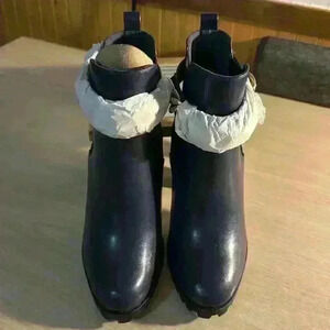 Shoedazzle Blue Faux Leather Chunky Sole High Heel Bootie w/ Ankle Chains